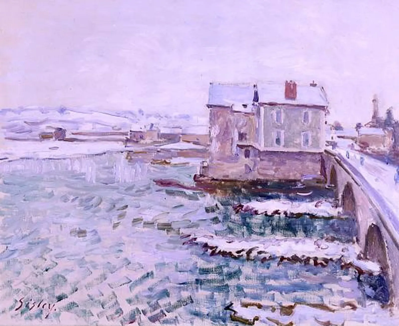 Le pont de Moret et les moulins, effet de neige, Alfred Sisley