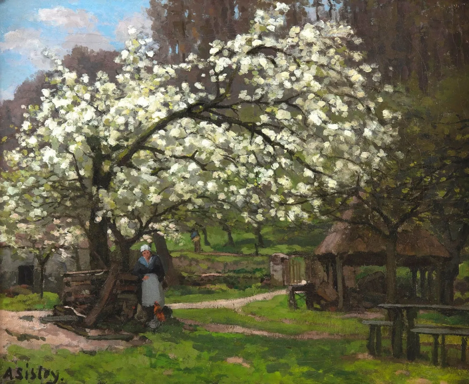 Printemps, paysanne sous les arbres en fleurs, Alfred Sisley