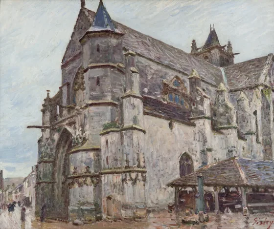 L'Église de Moret, temps pluvieux, le matin