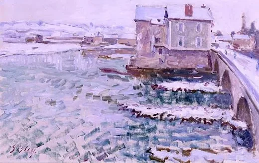 Le pont de Moret et les moulins, effet de neige