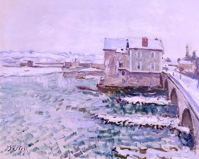 El puente de Moret y los molinos, efecto de nieve, Alfred Sisley