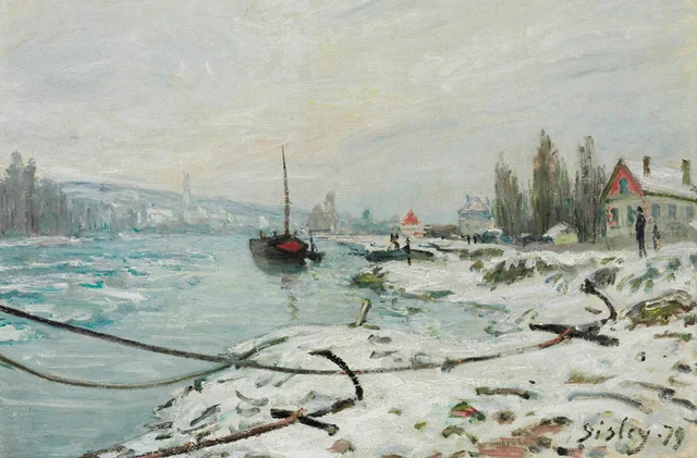 Amarres, efecto de nieve en Saint-Cloud, Alfred Sisley