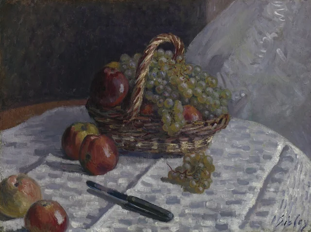 Naturaleza muerta, manzanas y uvas