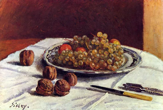 Nature morte, raisins et noix