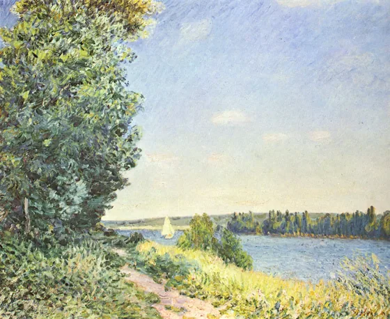 Normandie, le sentier au bord de l'eau, soir à Sahurs