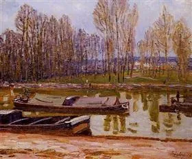 Péniches sur le canal du Loing, au printemps