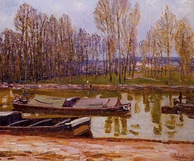 Gabarras en el canal del Loing, en primavera, Alfred Sisley