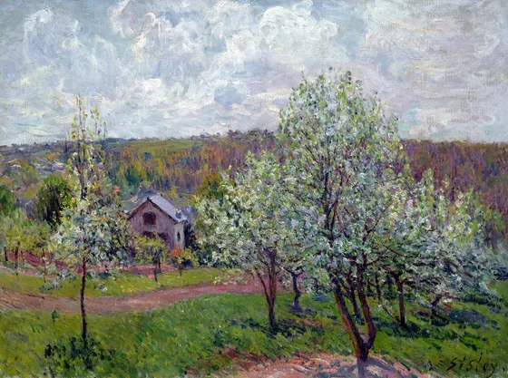 Printemps aux environs de Paris. Pommiers en fleurs