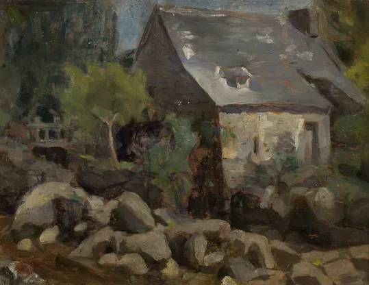 Paisagem rústica com ponte e casa