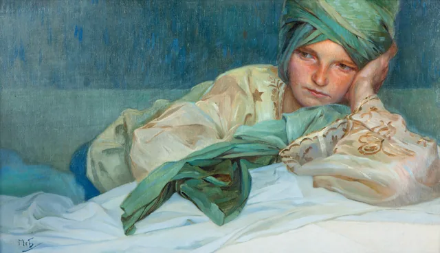 Pensive Reclining Girl Wearing a Turban