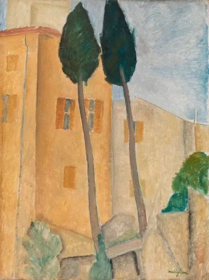 Cyprès et maisons à Cagnes