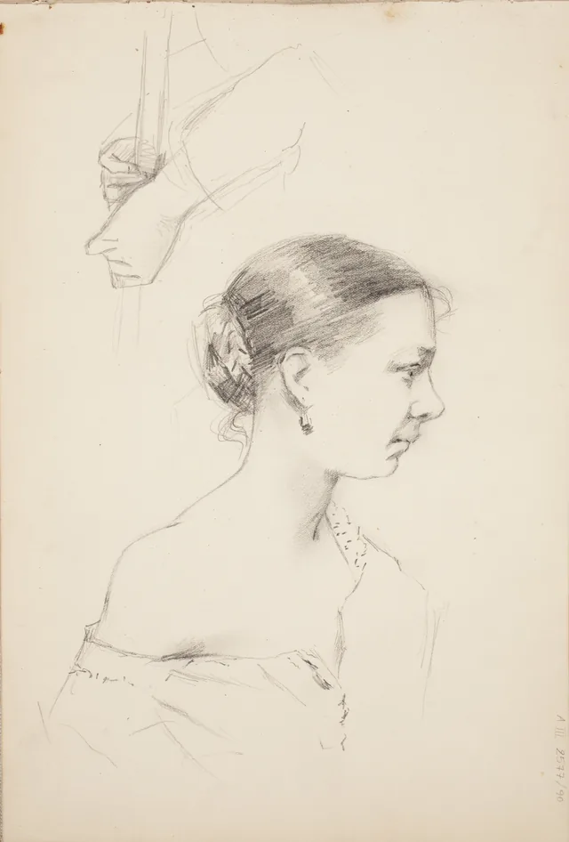 Busto de mulher de perfil; mãos, Amélie Lundahl