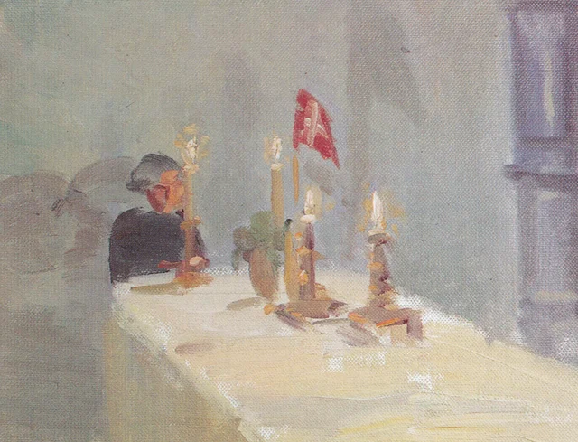 Aniversário. Uma mulher na cabeceira de uma mesa com velas e uma bandeira, Anna Ancher