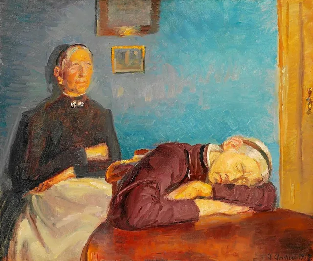 "Depois do dia de trabalho". As irmãs Brøndum descansam, Anna Ancher