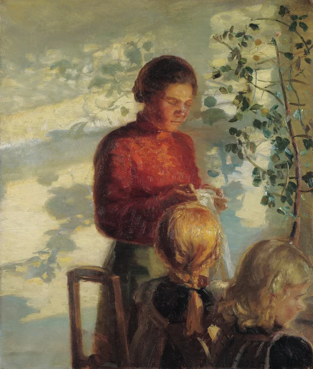 Duas meninas tendo aula de costura, Anna Ancher