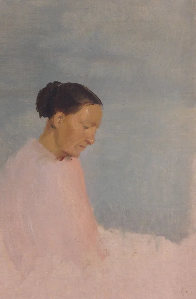 Mulher sentada numa cama num interior de paredes azuis, Anna Ancher
