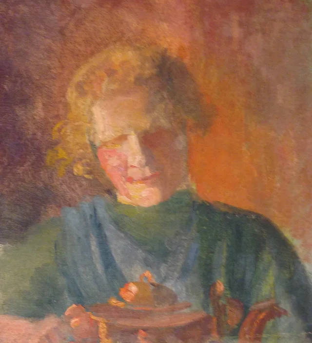 A woman with a teapot in a sunlit interior, Anna Ancher