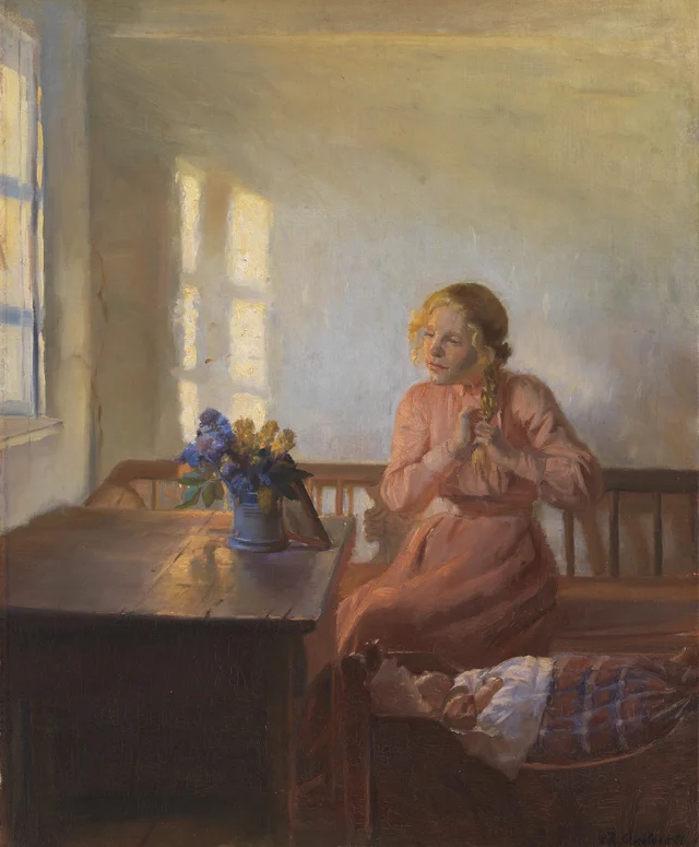 Interior com uma moça trançando os cabelos, Anna Ancher