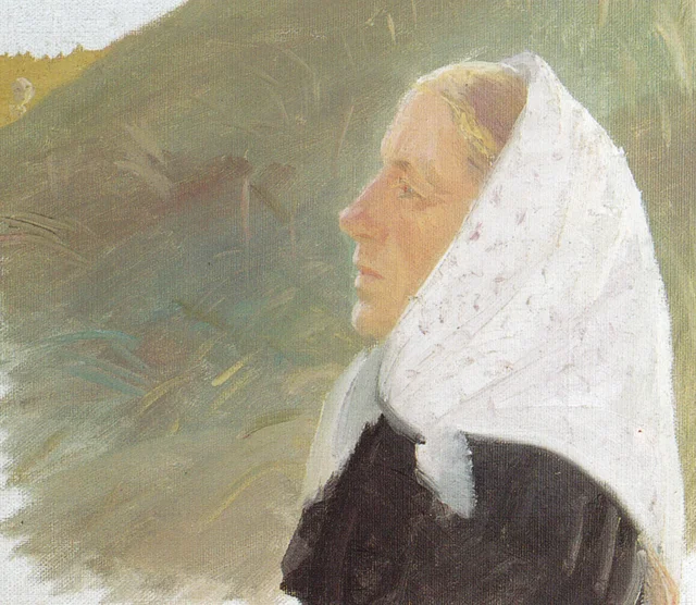 Moça de preto com um lenço branco, sentada numa duna, Anna Ancher