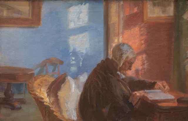 A mãe da artista, Ane Hedvig Brøndum, no quarto vermelho, Anna Ancher