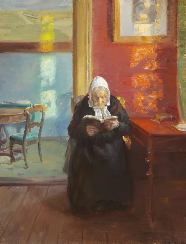 赤い部屋で読書する画家の母アネ・ブロンドゥム