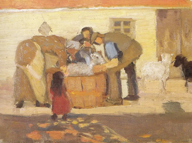 Lavagem das ovelhas diante de uma casa, Anna Ancher