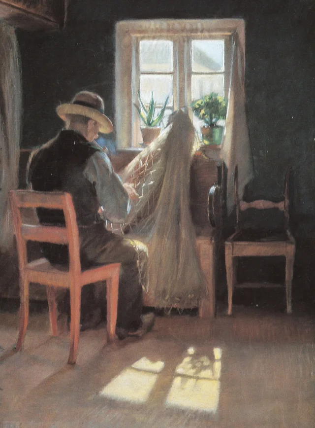 O pescador Kræn Wollesen remendando suas redes, Anna Ancher