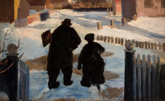 Michael Ancher a caminho de seu ateliê, acompanhado da organista Helene Christensen