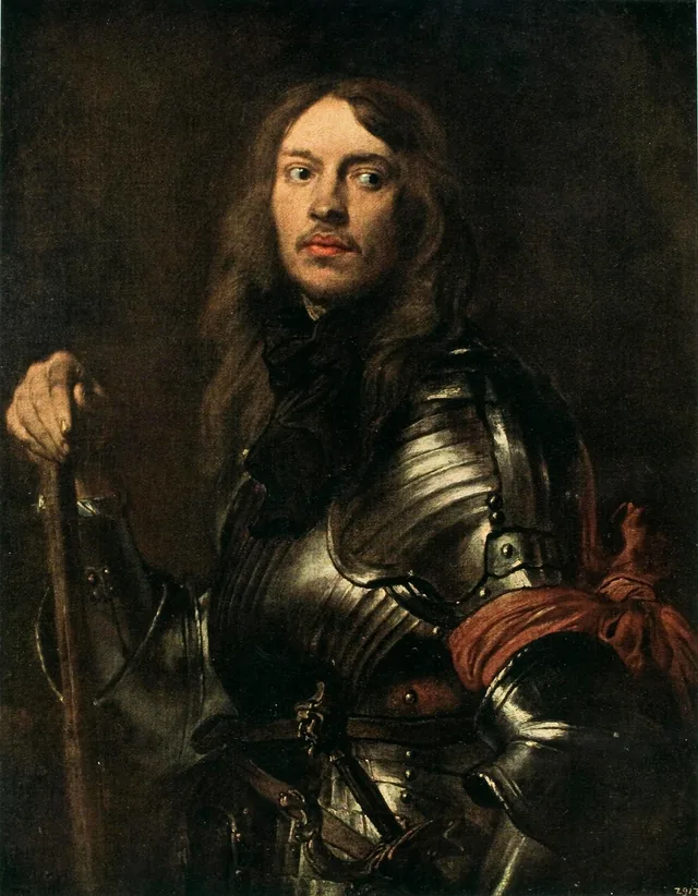 Portrait d'un homme en armure à l'écharpe rouge