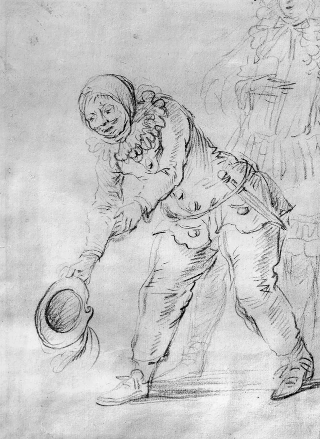 Två skådespelare. Den ene bugar sig i förgrunden, den andre står i bakgrunden, Antoine Watteau