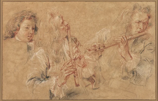 Two Studies of a Flutist and a Study of the Head of a Boy, Antoine Watteau
