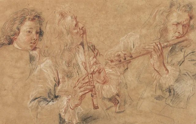Two Studies of a Flutist and a Study of the Head of a Boy, Antoine Watteau