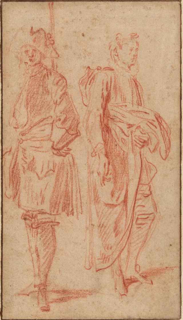 Two Standing Soldiers, One Wearing a Hat