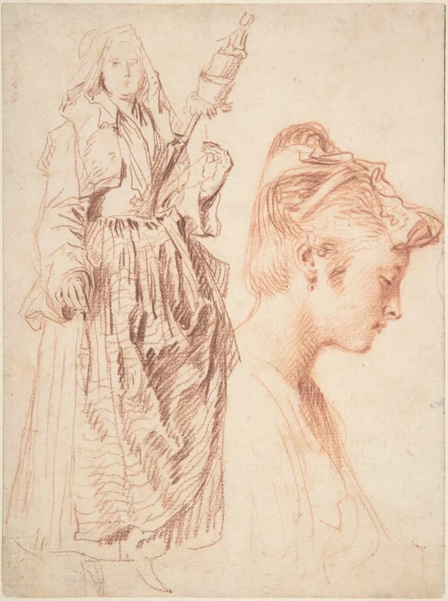 Studies of a Standing Woman Holding a Spindle and a Woman’s Head in Profile to the Right