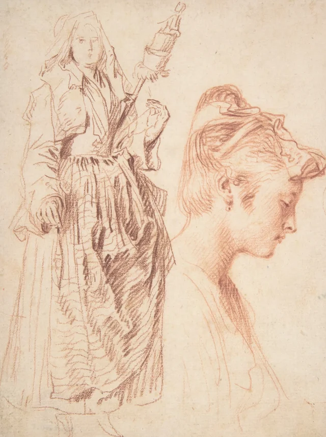 Estudios de una mujer de pie con un huso y de una cabeza de mujer de perfil a la derecha, Antoine Watteau