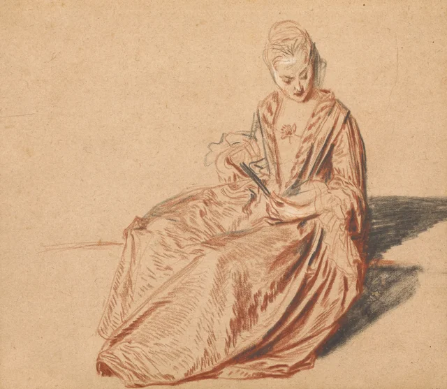 Femme assise tenant un éventail, Antoine Watteau
