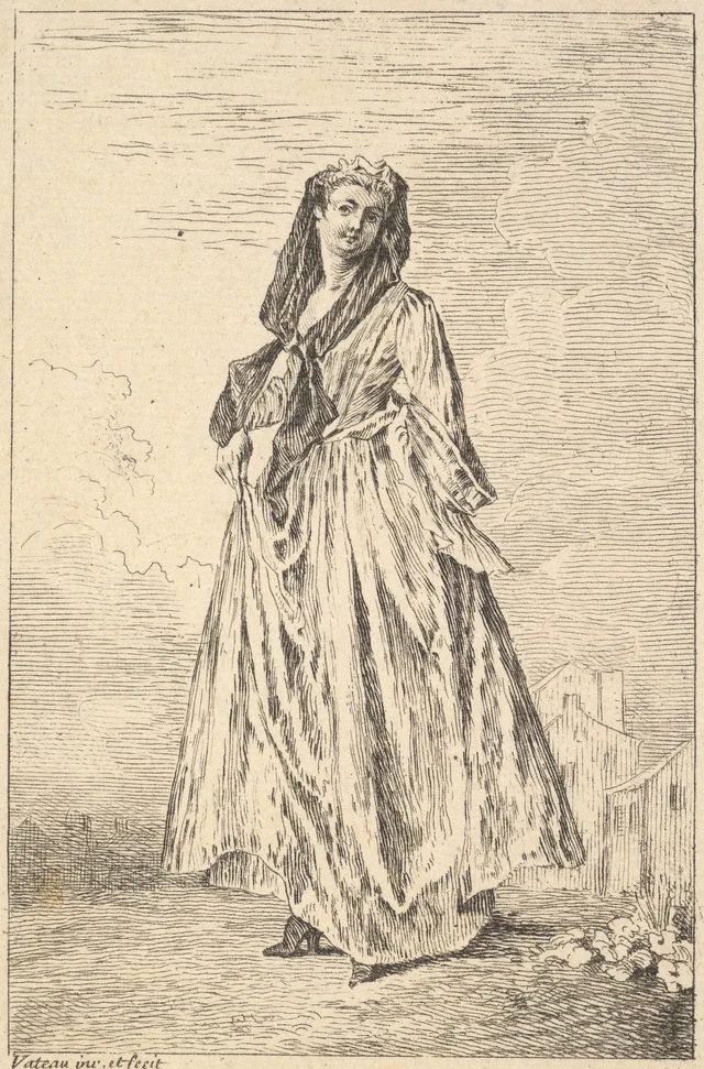Woman walking and holding her skirt with her right hand, shown in three-quarters view with head turned toward the viewer, from "Figures of Fashion" (Figures de modes)