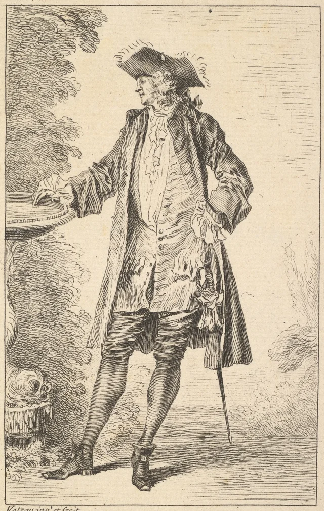 Standing man with his right hand resting on a basin, shown in three-quarters view with his head turned toward the left, from "Figures of Fashion" (Figures de Modes)