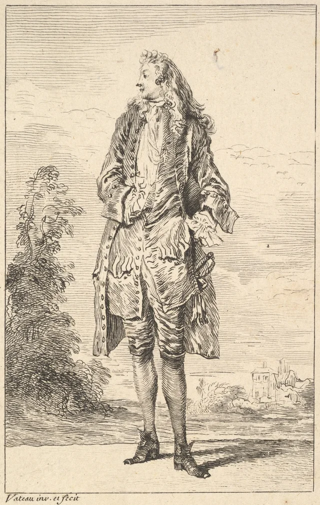 Standing man with right hand tucked into his waistcoat, shown in frontal view with his head turned toward the left, from "Figures of Fashion" (Figures de Modes)