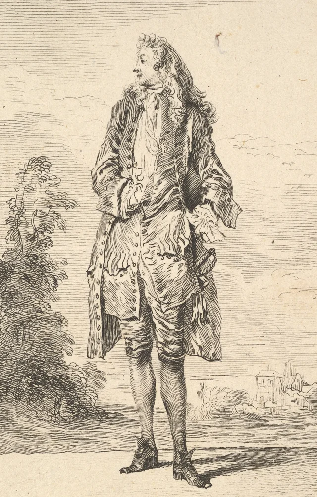 Hombre de pie, con la mano derecha metida en el chaleco, visto de frente, con la cabeza vuelta hacia la izquierda («Figuras de modas»)