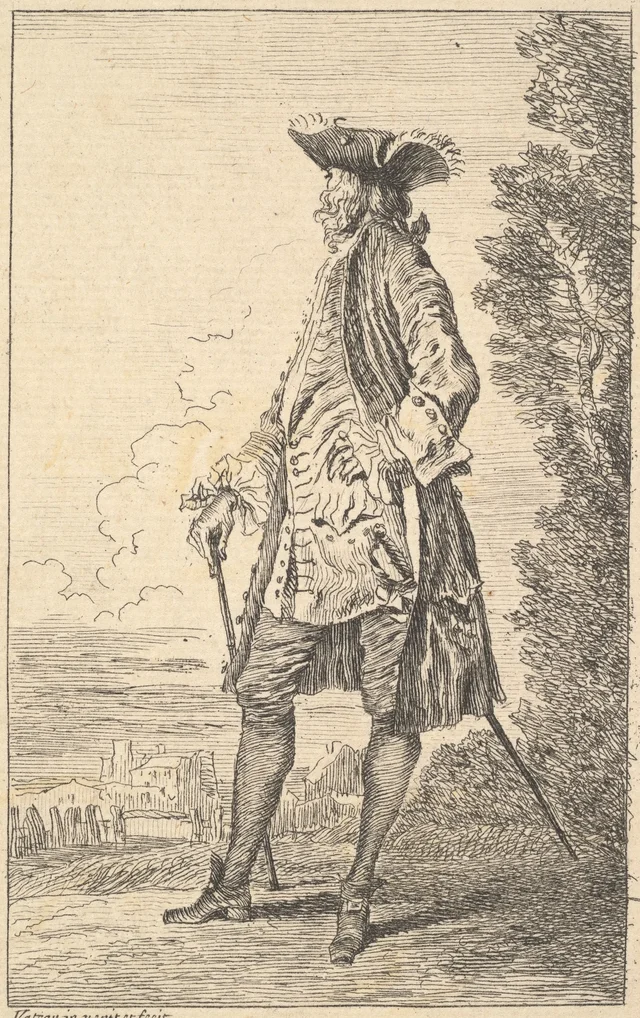 Man walking and carrying a cane in his right hand, shown in three-quarters view with his head turned away from the viewer, from "Figures of Fashion" (Figures de Modes)