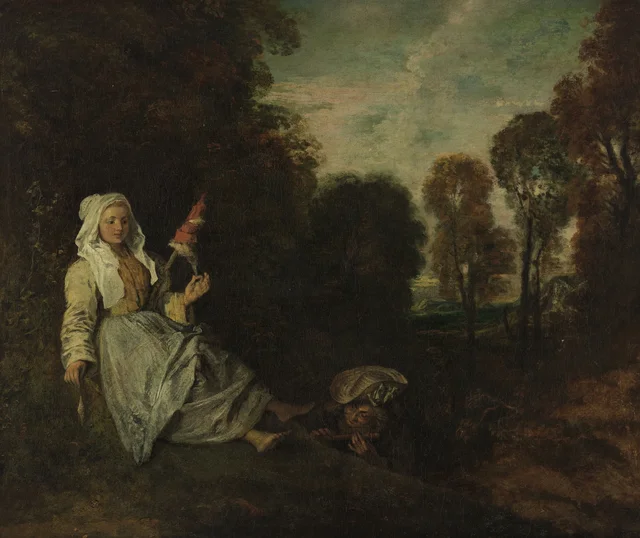 Evening landscape with spinner, Antoine Watteau