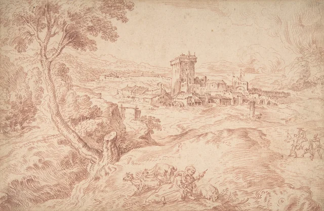 Landscape with an Old Woman Holding a Spindle, after Domenico Campagnola, Antoine Watteau