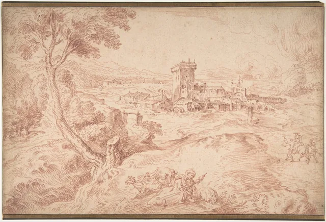 Landscape with an Old Woman Holding a Spindle, after Domenico Campagnola, Antoine Watteau