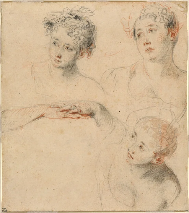 Trois études de tête de femme et étude de mains, Antoine Watteau