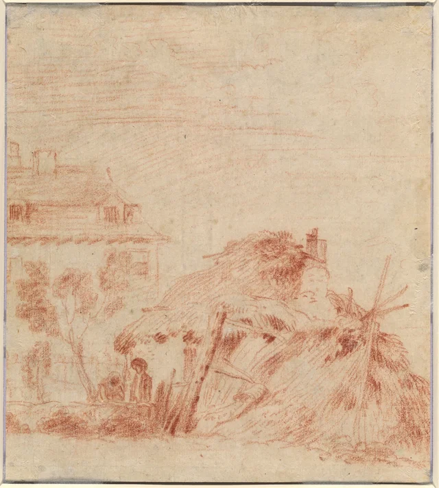 View of a House, a Cottage, and Two Figures [verso], Antoine Watteau