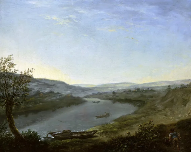 Paisaje del Elba río arriba de Dresde, cerca de Blasewitz, por la mañana