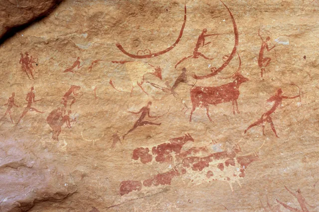 Pueblo de pastores de ganado en desplazamiento, Jabbaren, Tassili n'Ajjer, Arte rupestre