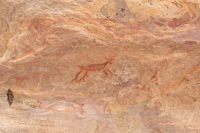 Cuadrúpedo pintado de rojo en la pared, Sierra de la Capivara, Arte rupestre