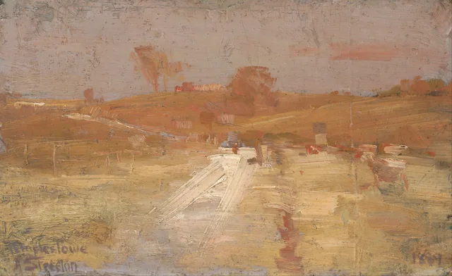 Pastoral em amarelo e cinza: uma impressão colorida de Templestowe, Arthur Streeton